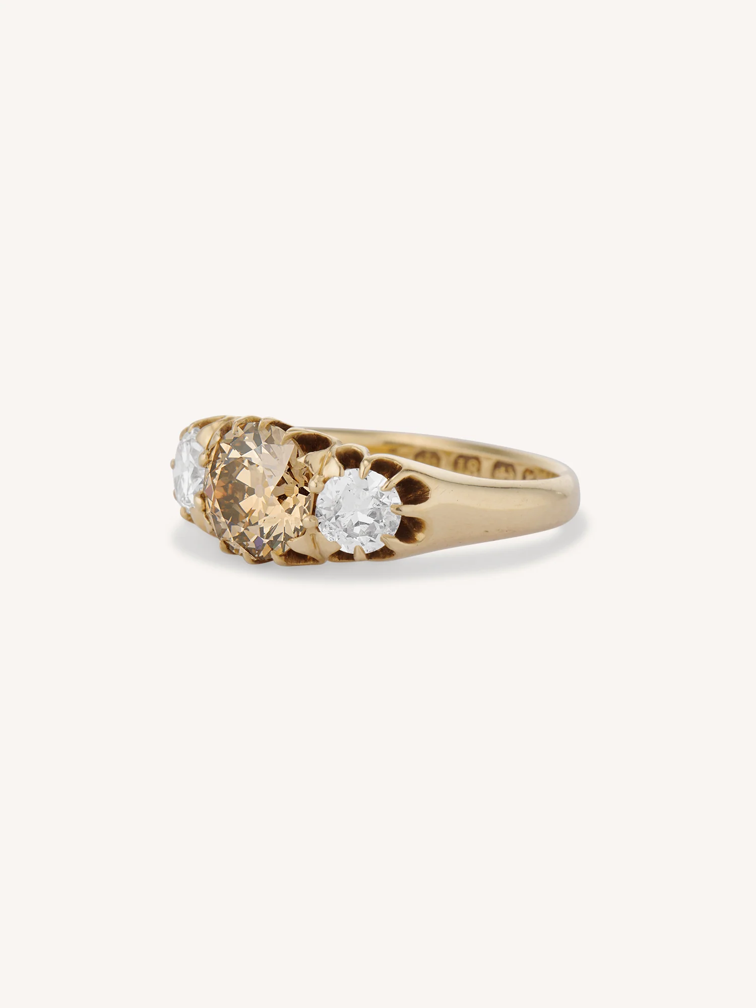 Victorian 1.30 Carat Old European Cut Fancy Brown & White Diamond Three Stone Antique Engagement Ring, England - Image 4