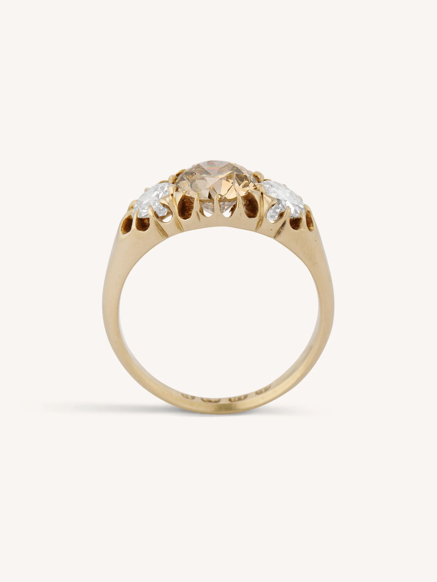 Victorian 1.30 Carat Old European Cut Fancy Brown & White Diamond Three Stone Antique Engagement Ring, England - Image 6