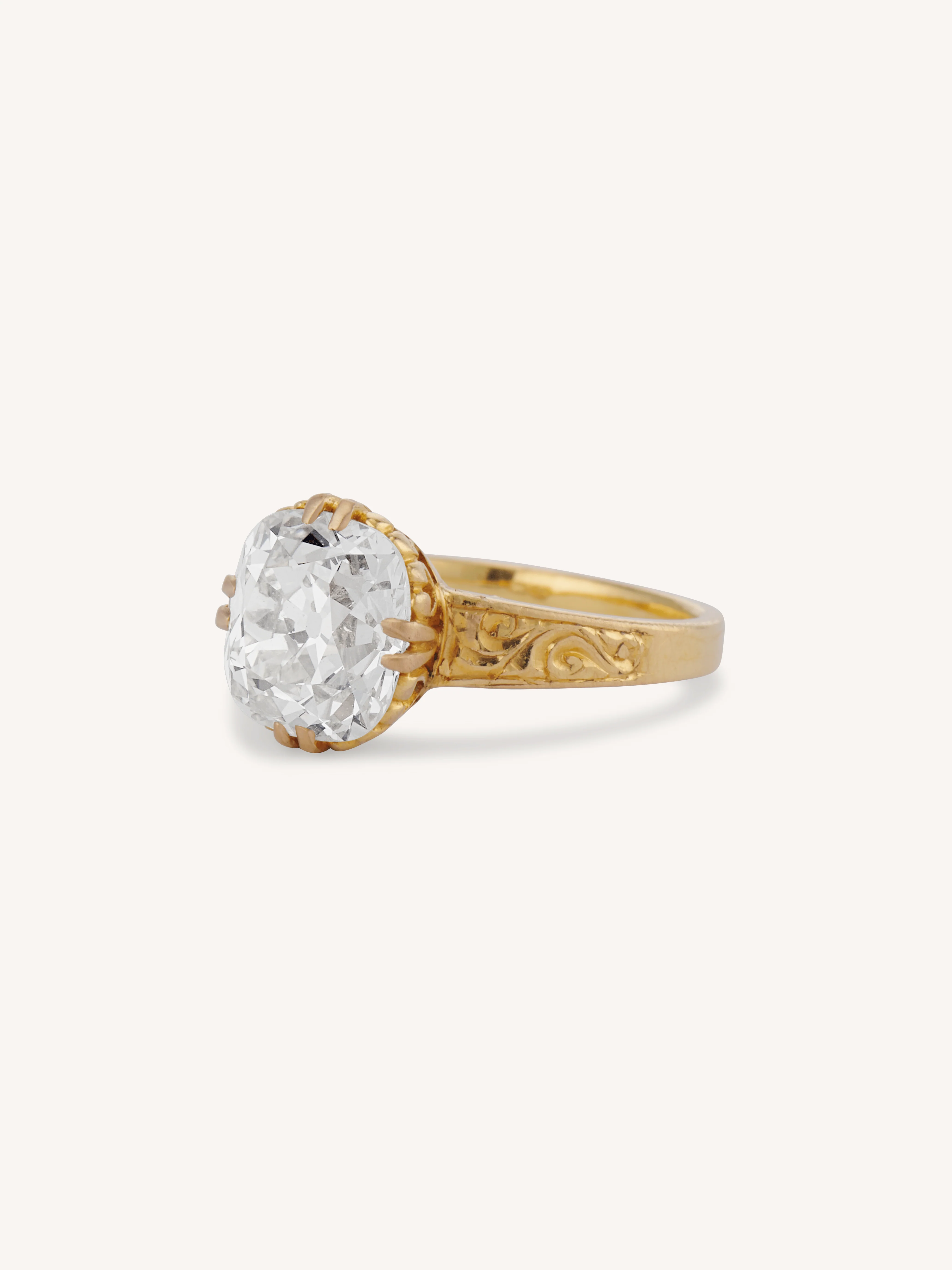 Victorian 2.35 Carat Old Mine Cut Diamond 20k Gold Engraved Solitaire Antique Engagement Ring - Image 4