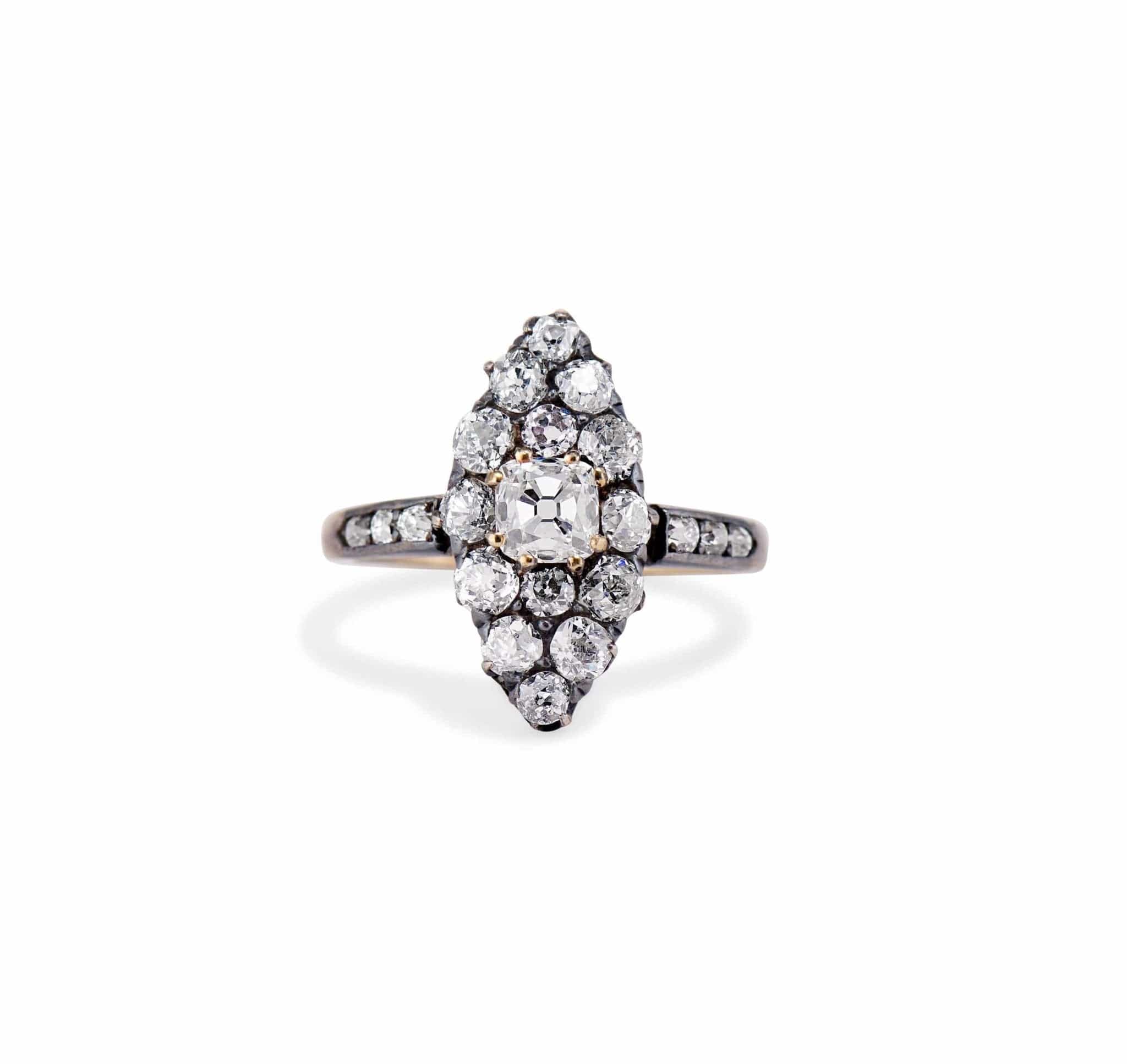 Victorian .50 Old Mine Cut Diamond Cluster Navette Ring