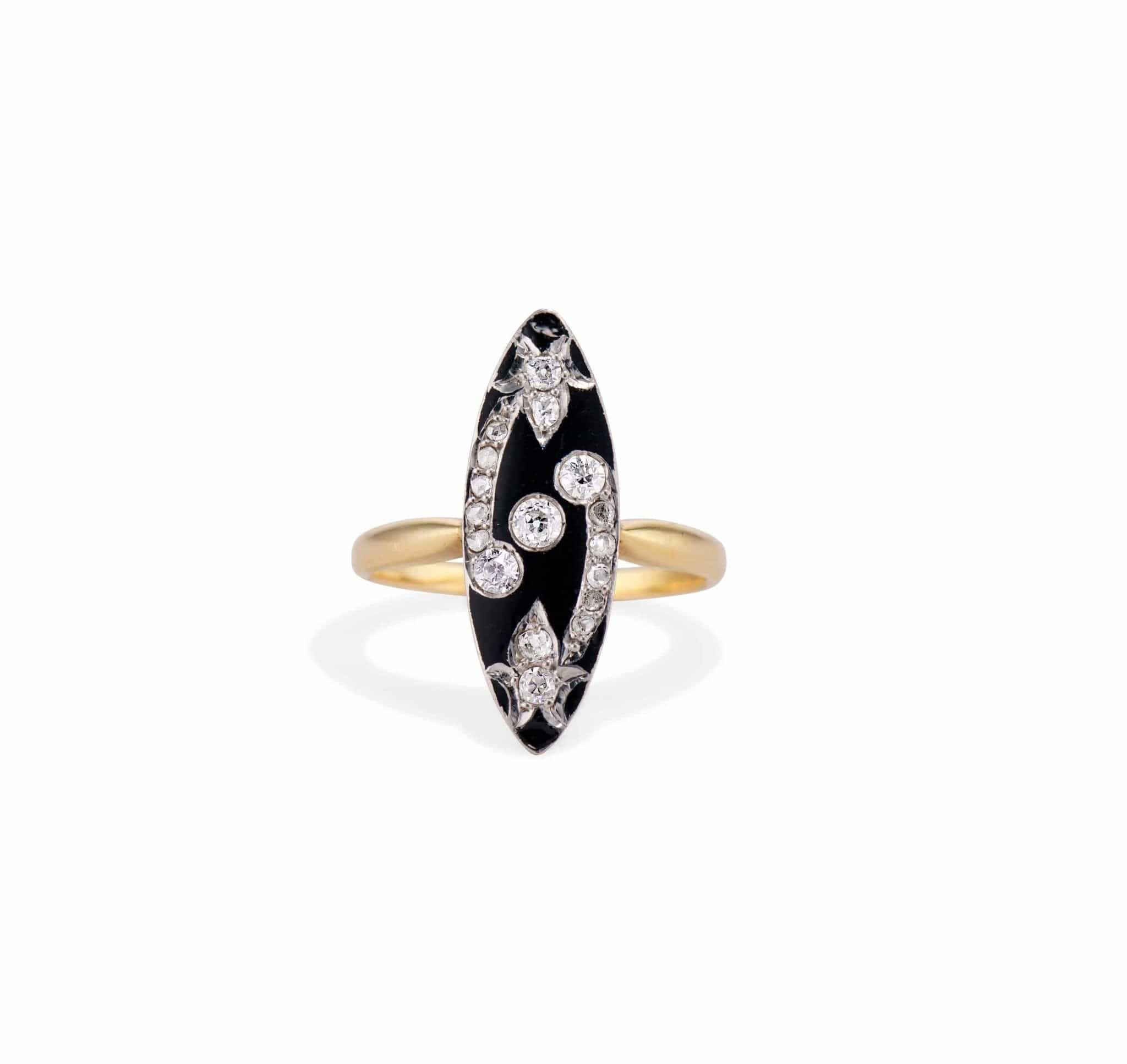 Victorian Enamel and Diamond Navette Dinner Ring, France