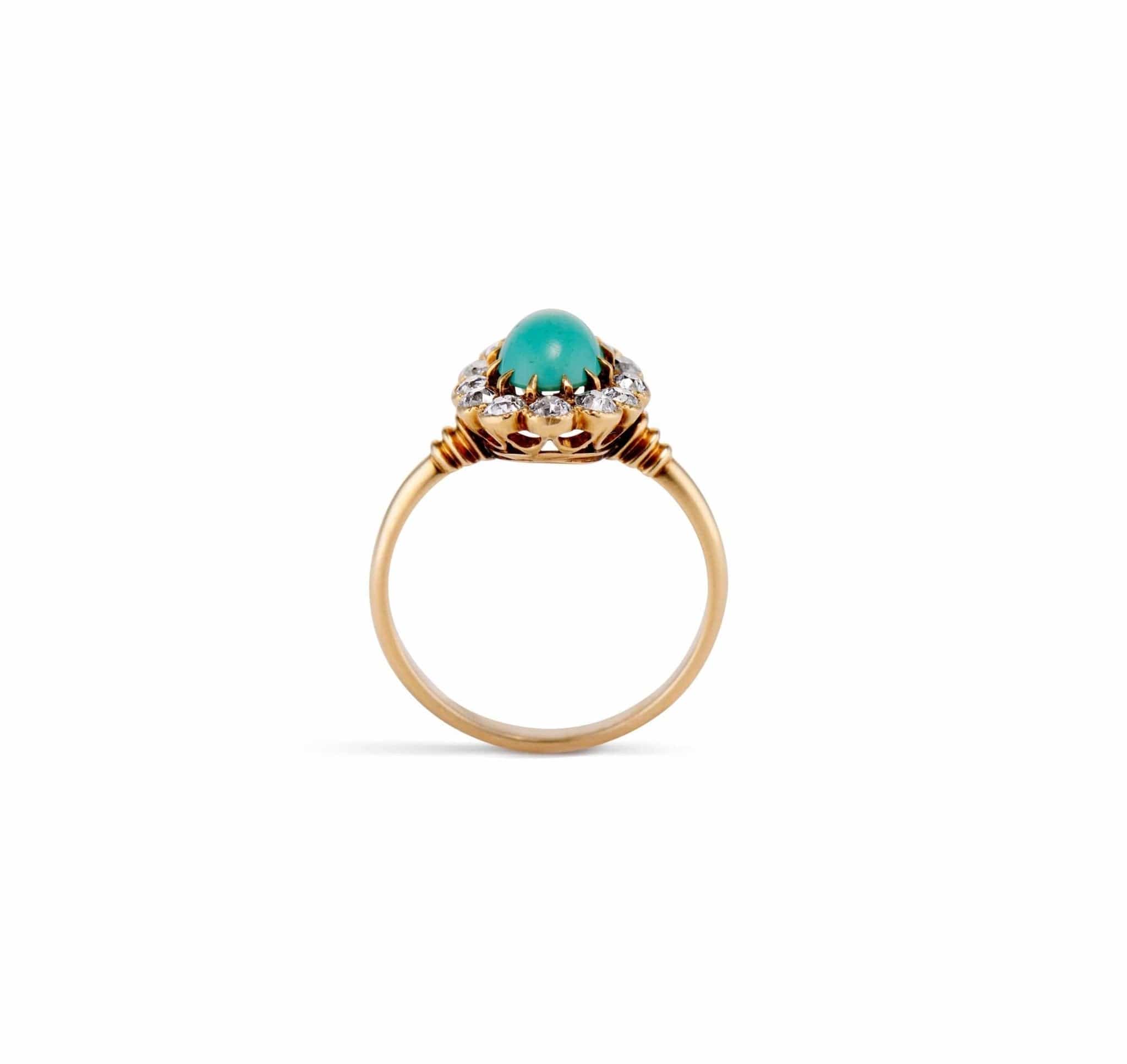 Victorian Oval Cabochon Turquoise and Diamond Cluster Ring - Image 4