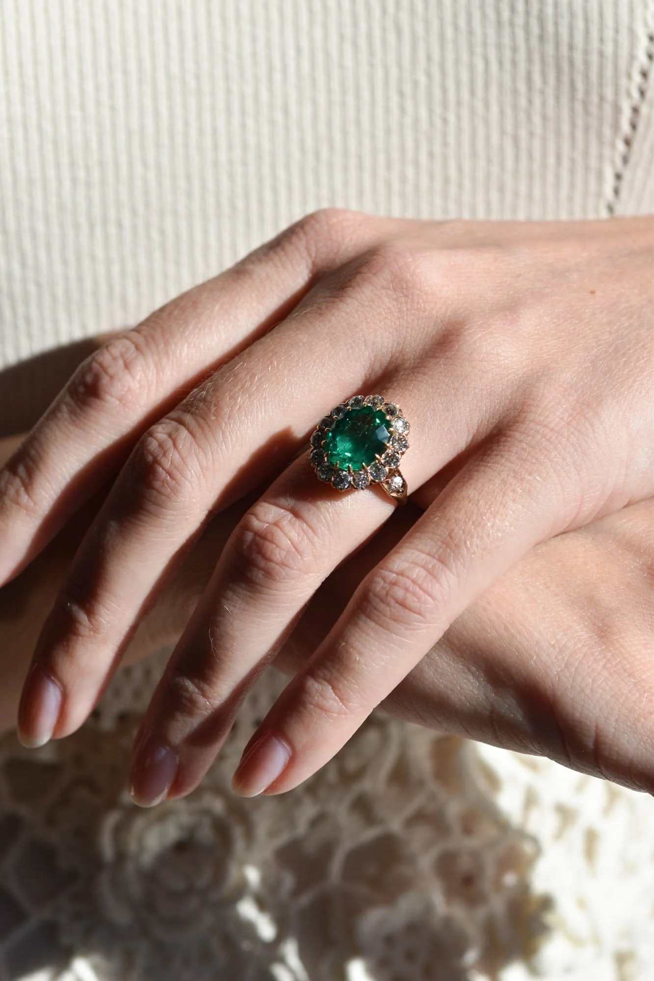 Victorian 4.49 Carat Oval Cut Colombian Emerald & Diamond Cluster Ring - Image 3
