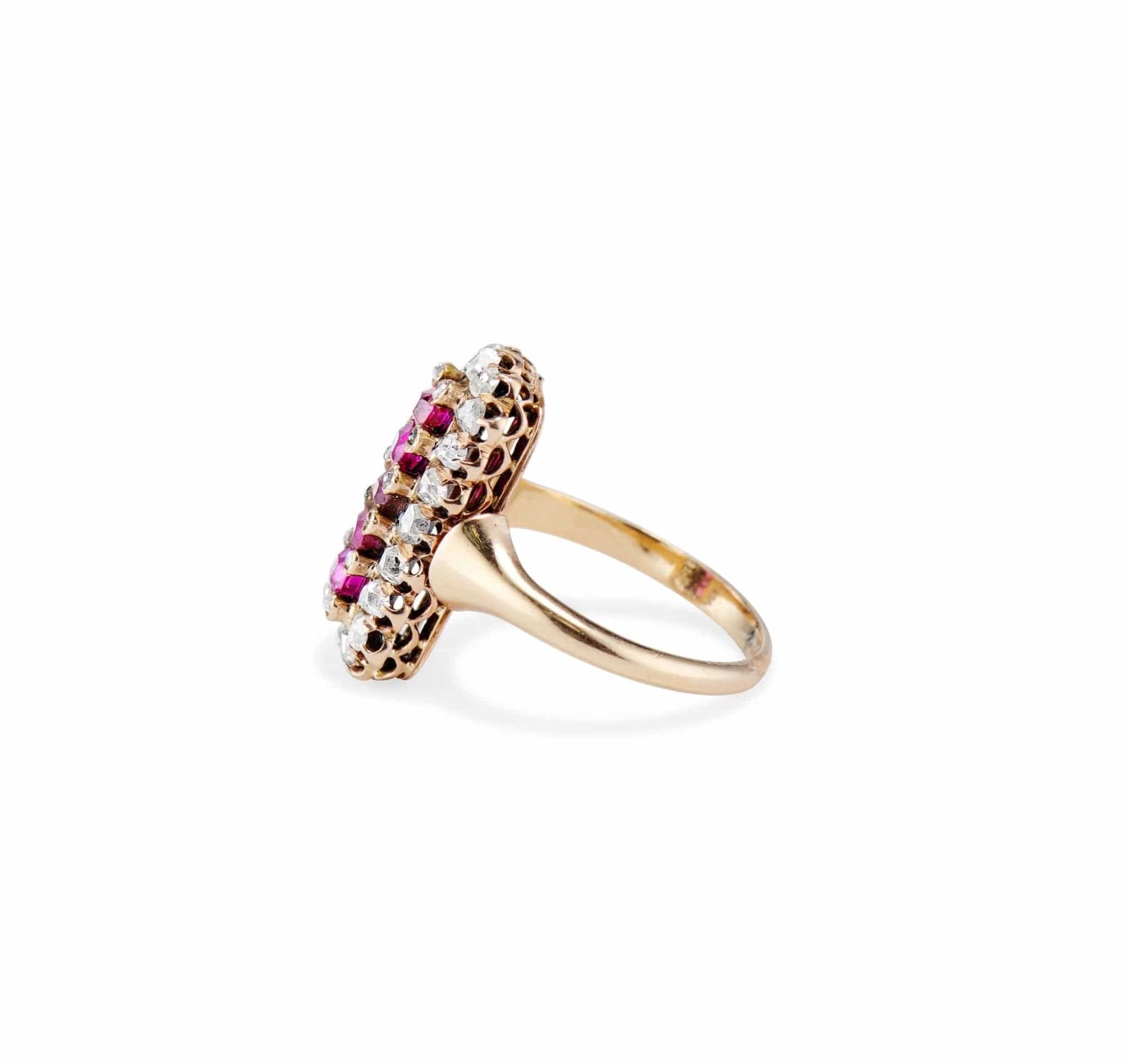 Victorian French Clustered Ruby and Diamond Elongated Ring - Image 3
