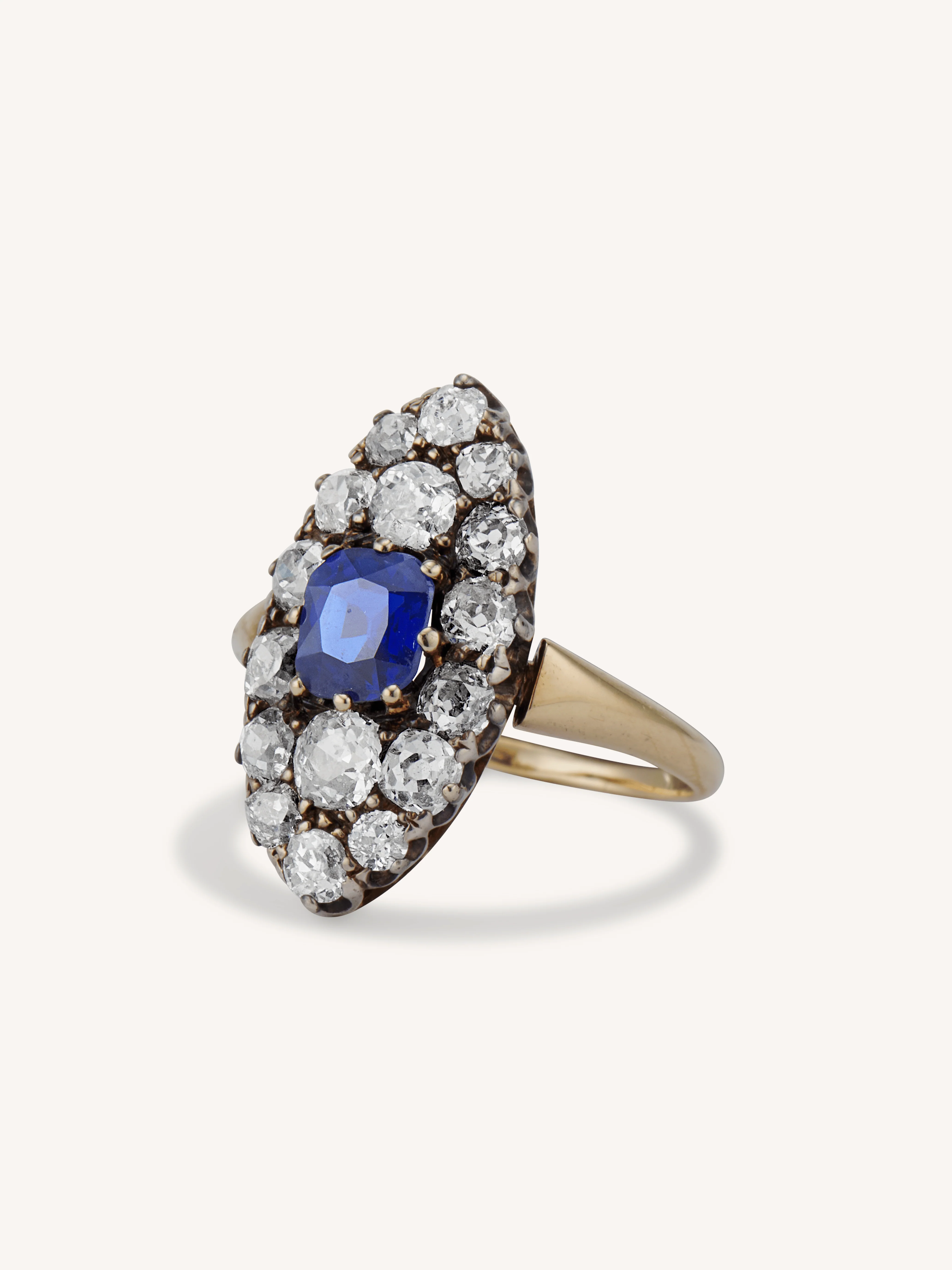 19th Century Victorian Sapphire & Old Mine Cut Diamond Navette Antique Ring - Image 4