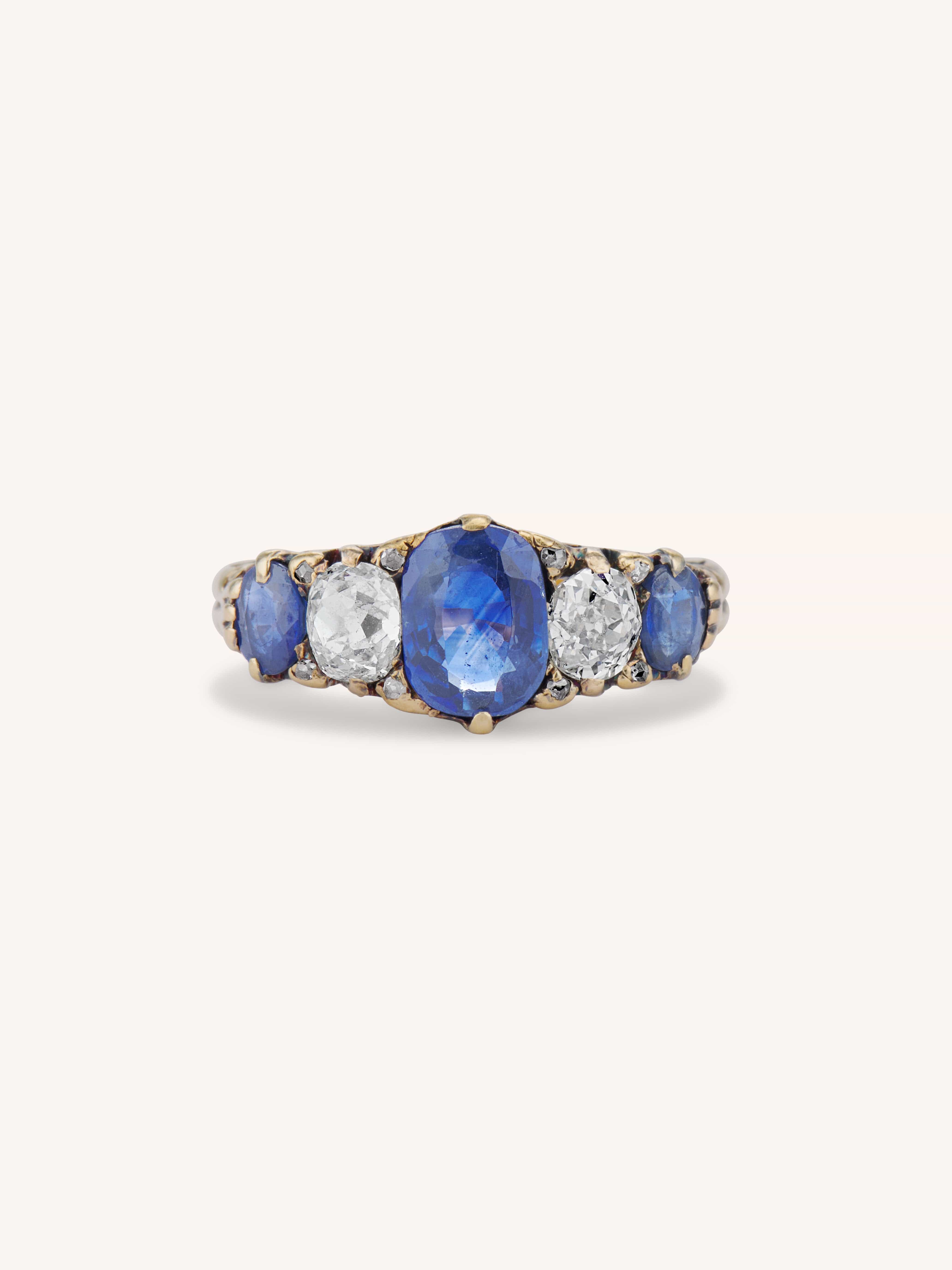 Victorian Sapphire & Old Mine Diamond Five Stone Gold Ring