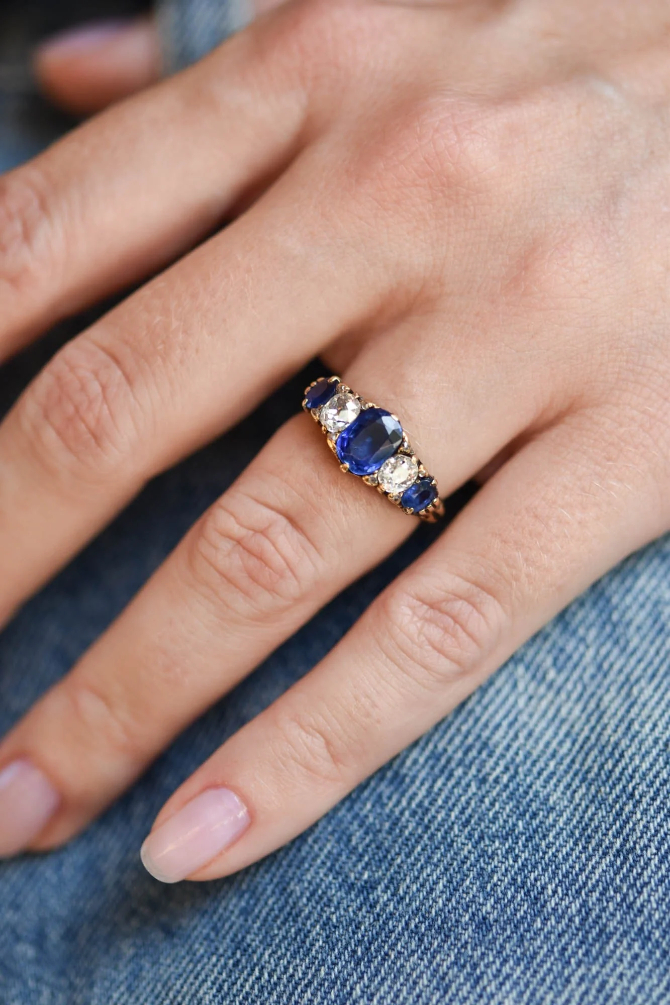Victorian Sapphire & Old Mine Diamond Five Stone Gold Ring - Image 2
