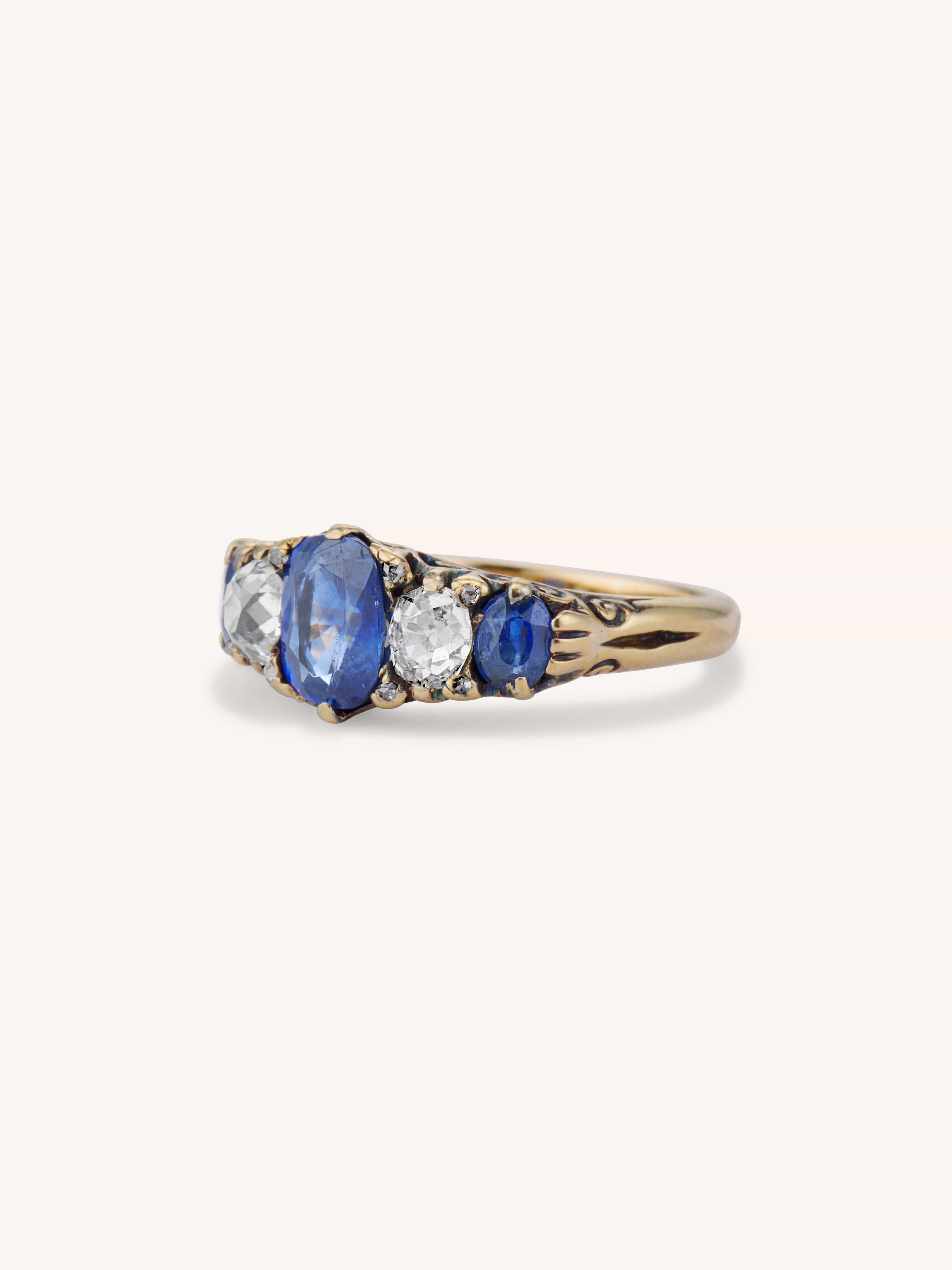Victorian Sapphire & Old Mine Diamond Five Stone Gold Ring - Image 4