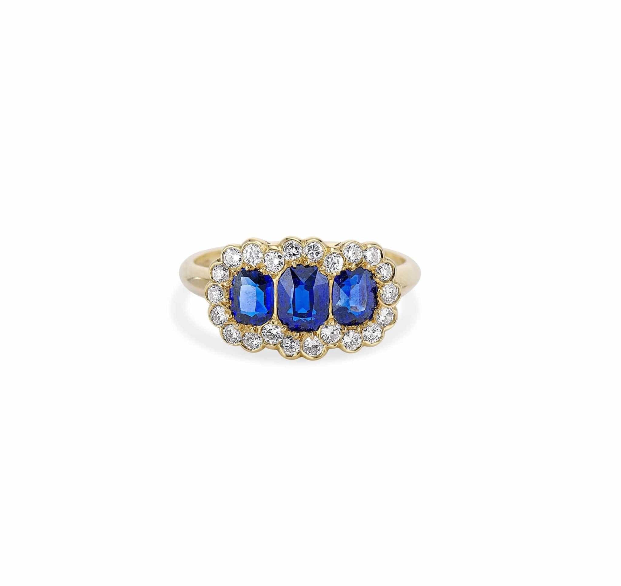 British Victorian Three Stone Sapphire Ring in Gold