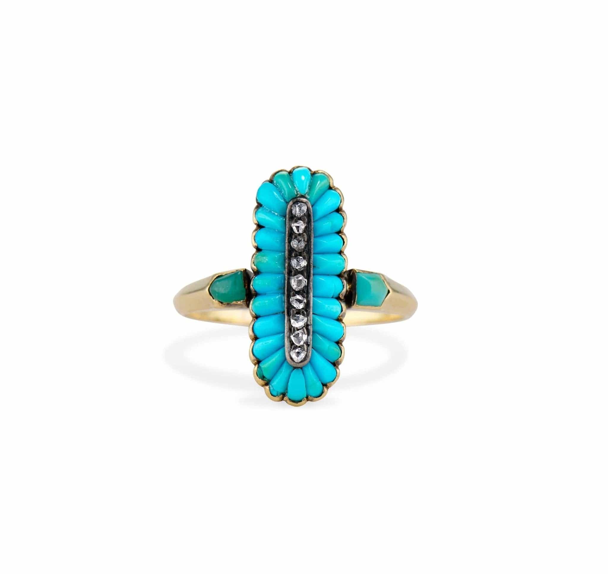 Victorian Turquoise Cabochon and Rose Cut Diamond Dinner Ring