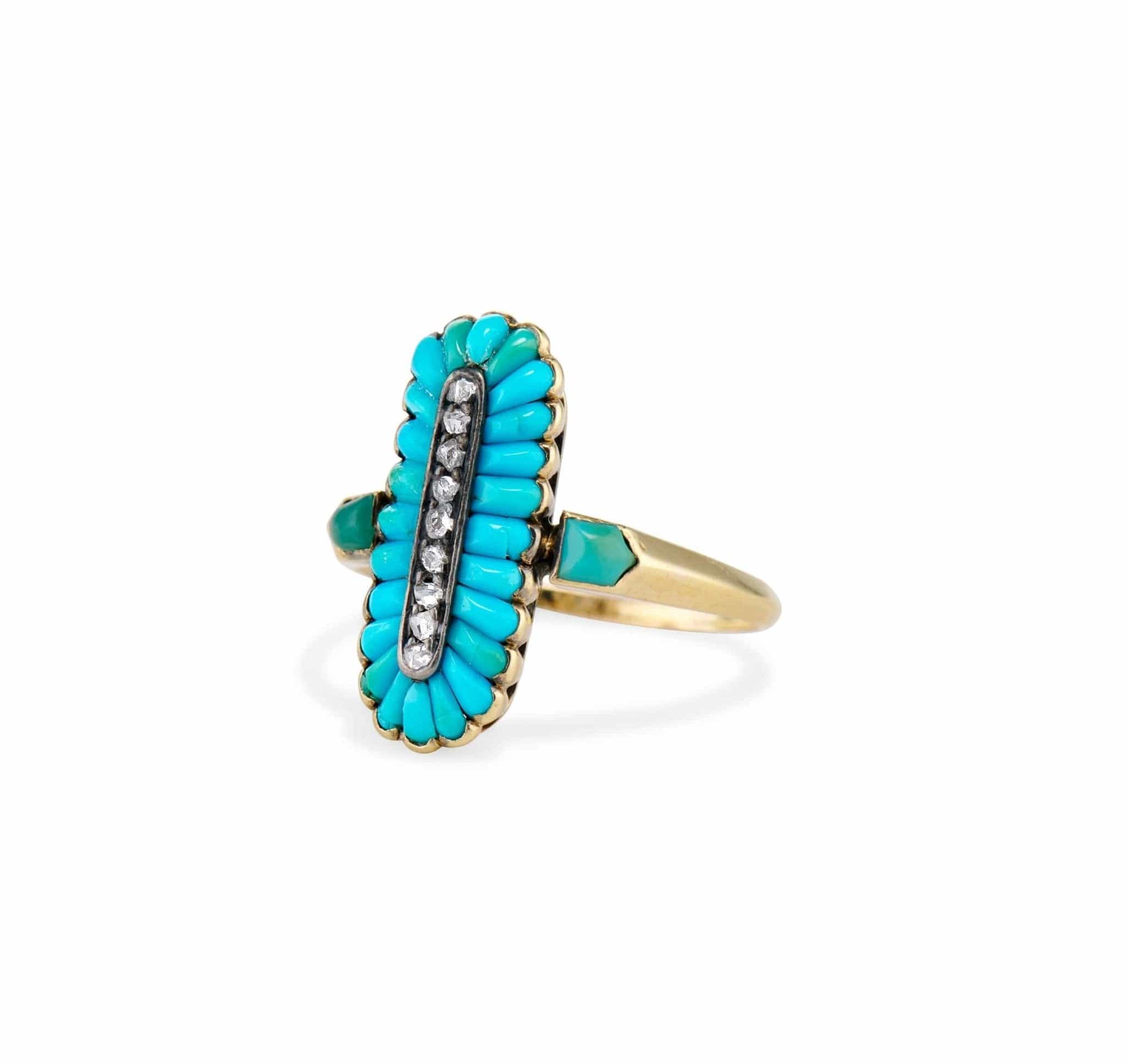 Victorian Turquoise Cabochon and Rose Cut Diamond Dinner Ring - Image 2