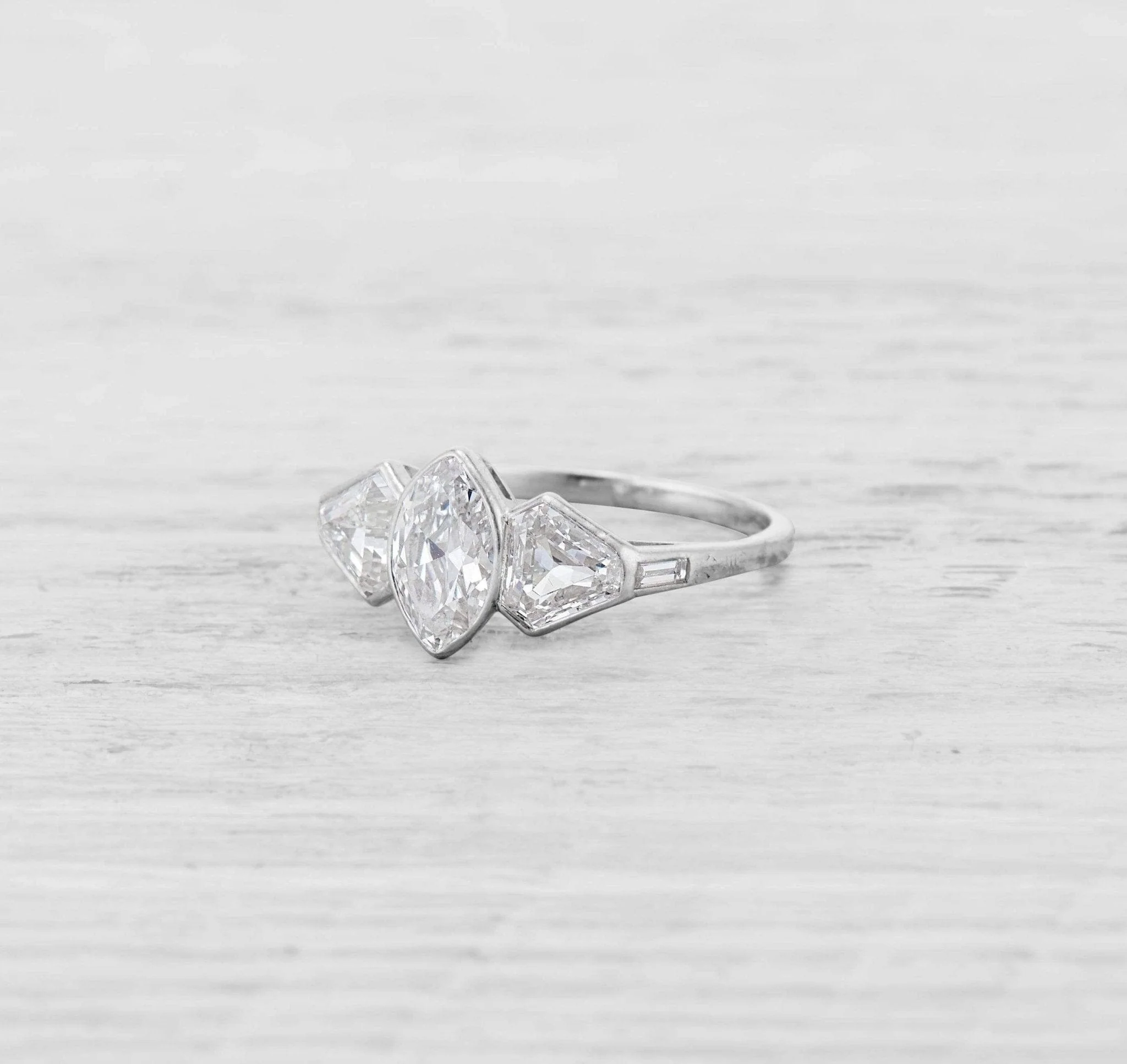 Vintage Art Deco 1.15 Carat Marquise & Sheild Cut Diamond Three Stone Engagement Ring