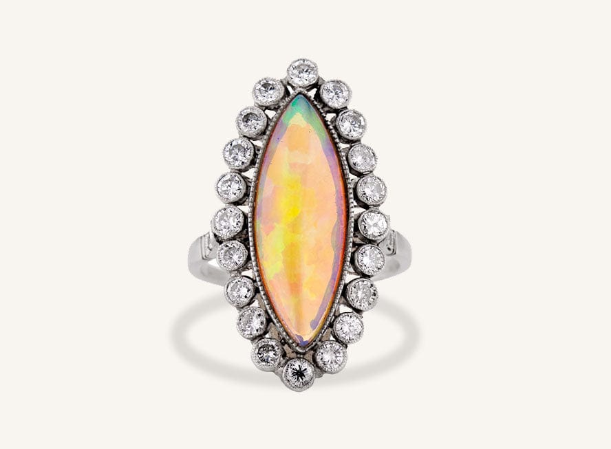 Vintage Mid Century Cabochon Opal & Diamond Cluster Dinner Ring