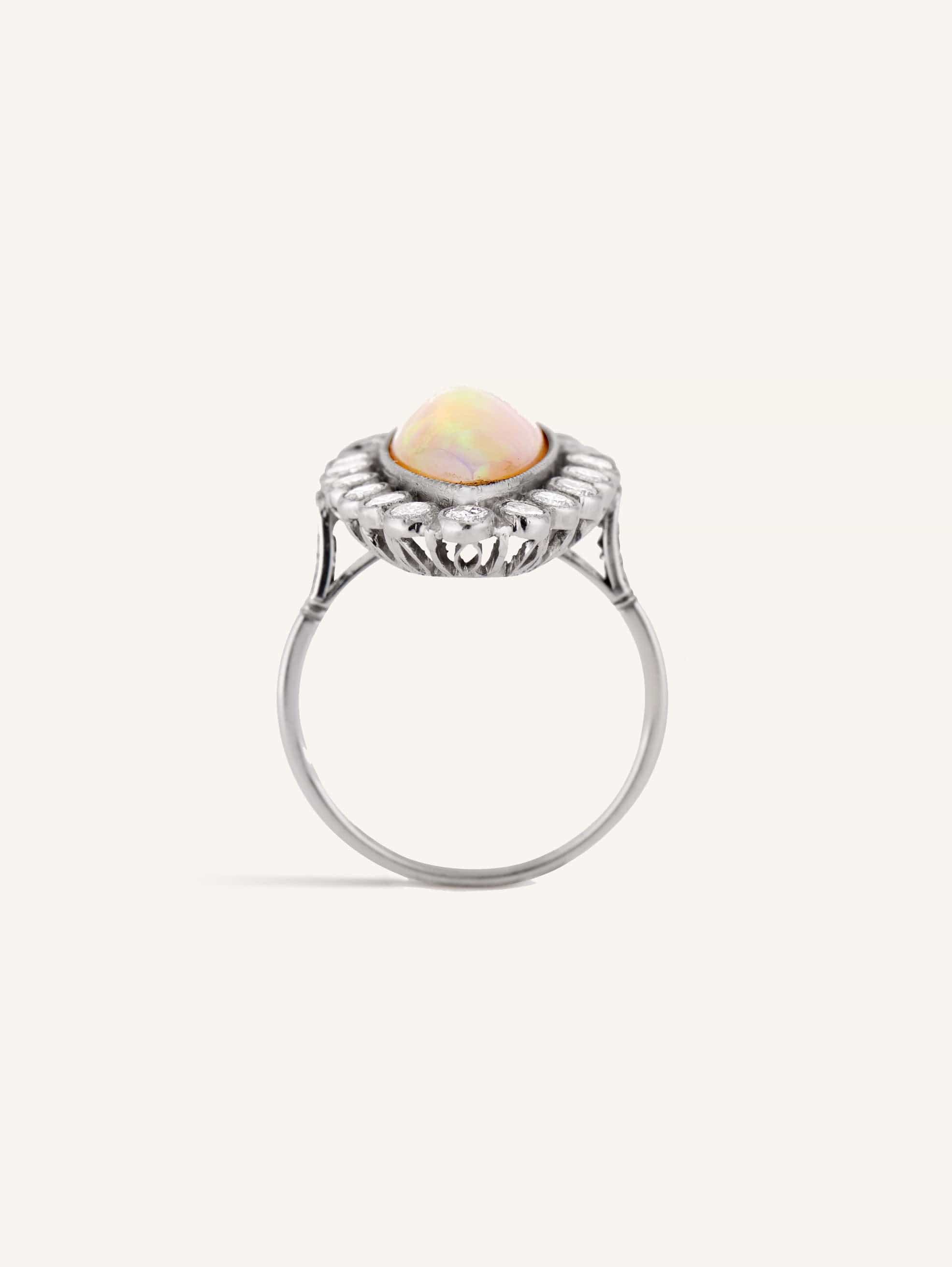 Vintage Mid Century Cabochon Opal & Diamond Cluster Dinner Ring - Image 3