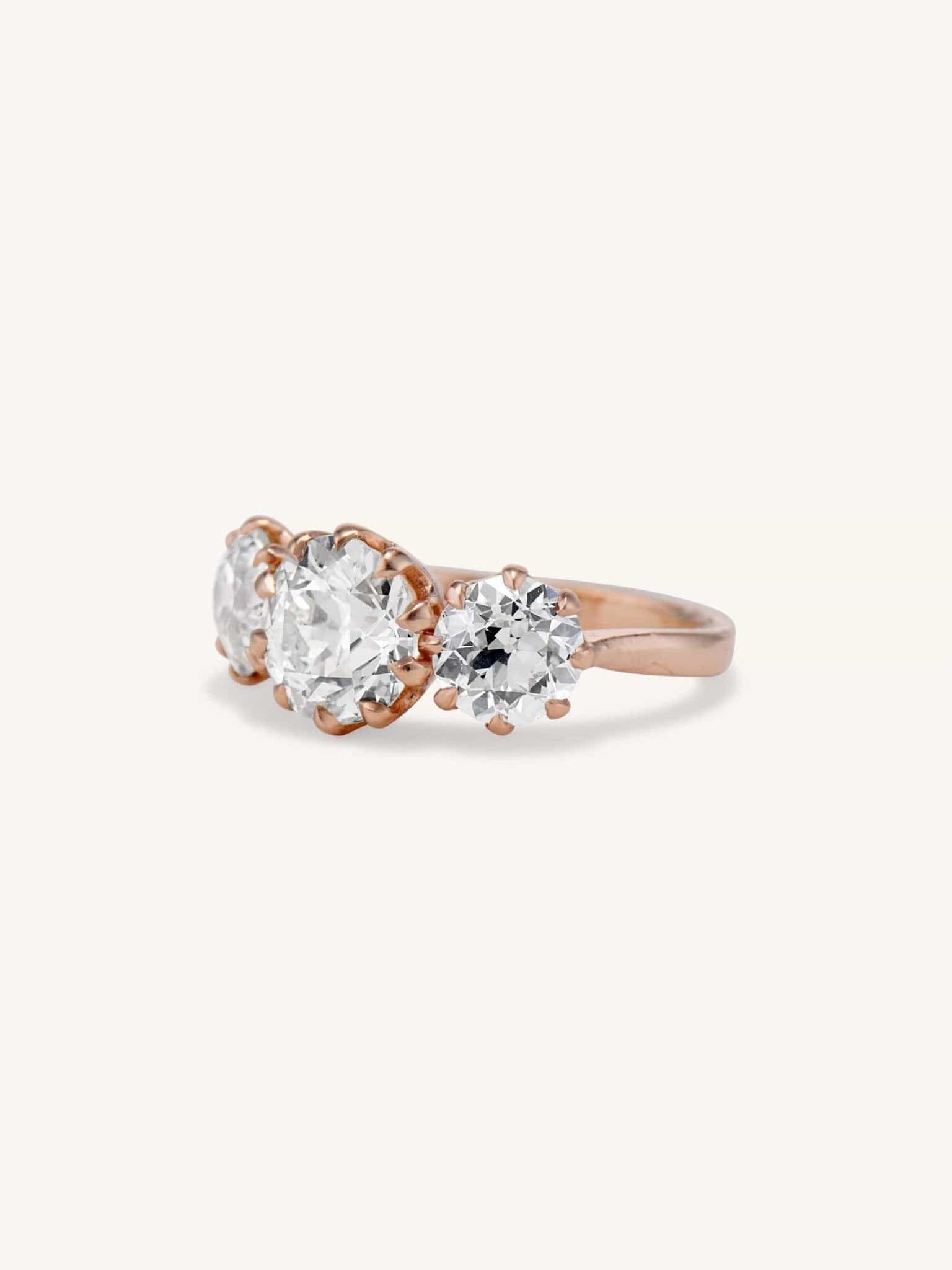 Vintage Victorian Revival 4.92 Carat Old European Cut Diamond Three Stone Engagement Ring - Image 2